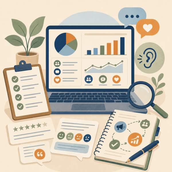 Government communication analytics workspace with engagement charts, survey feedback, listening tools, performance metrics, and planning materials for improving community outreach.