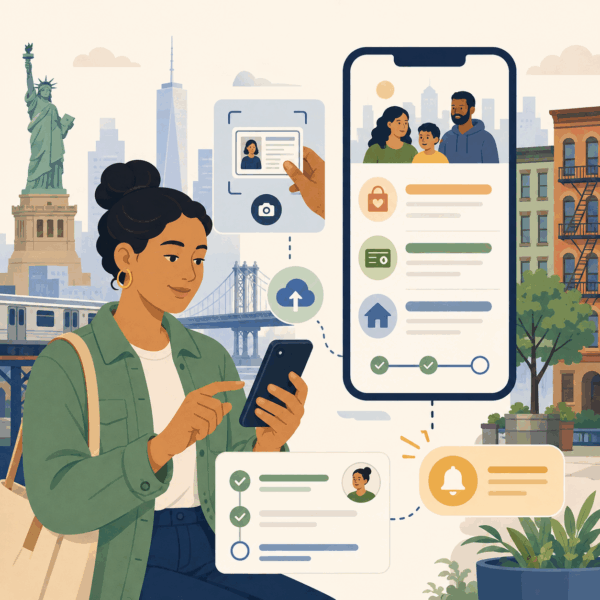 New York City resident using a smartphone to upload documents, review benefit information, and track case progress through a digital public assistance portal.