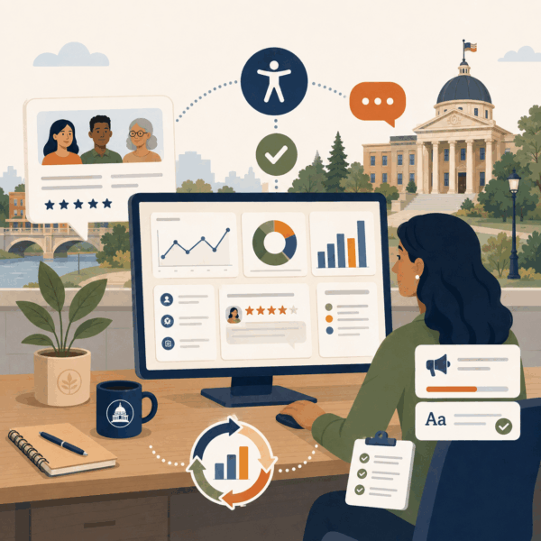 Communications professional reviewing analytics, feedback, and accessibility to improve outreach