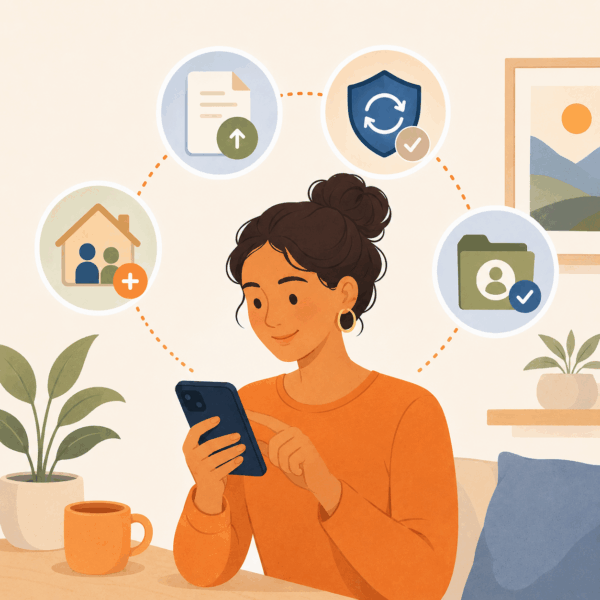Resident using a smartphone to manage public benefits tasks including document submission, renewals, household updates, and case information.