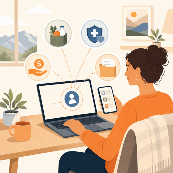 Resident using a laptop and smartphone to access food, health, cash, and document services through one centralized public benefits portal.