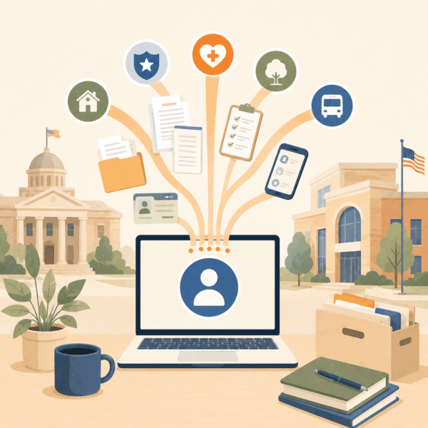 Central digital benefits portal connecting government offices, documents, health services, housing support, and transportation resources.