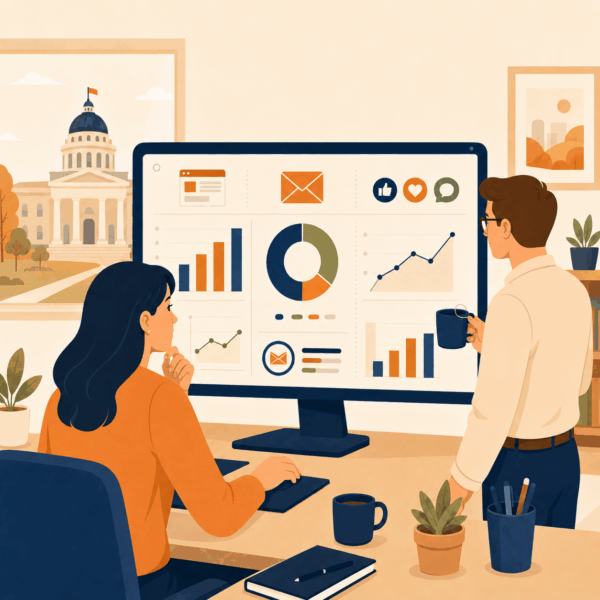Government staff analyzing a communication performance dashboard with website, email, and social media metrics to track engagement and results.