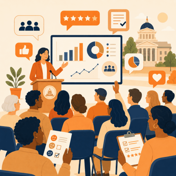 Public presentation showing government communication metrics, audience feedback, and performance data during a community meeting.