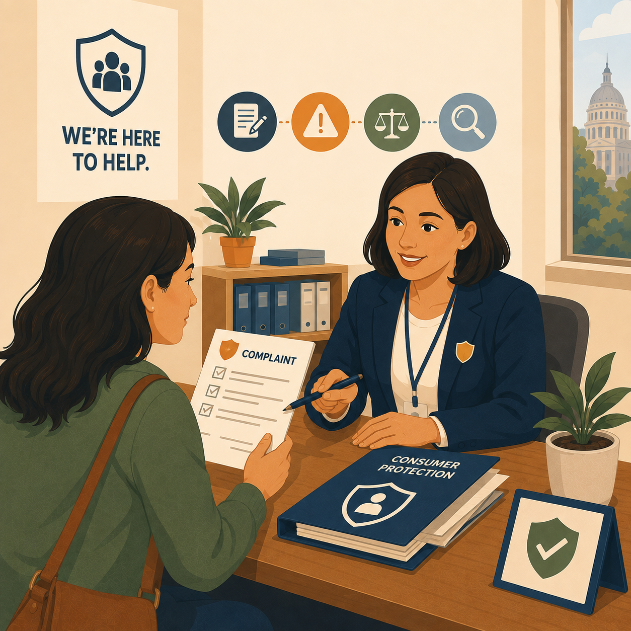 Regulatory agency staff member guiding a consumer through a complaint form and supporting documents