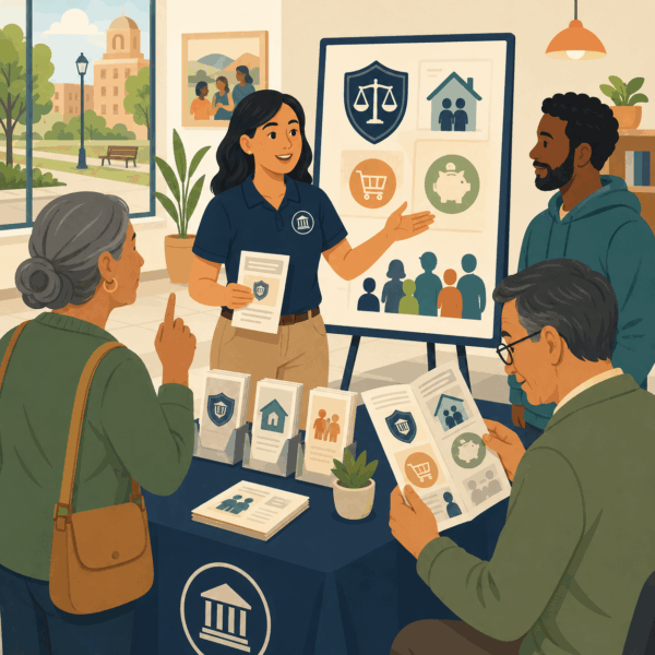 Government employee explaining consumer rights and financial protection information to residents during a community resource center presentation.