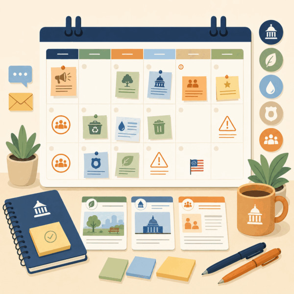 Government content calendar organizing announcements, community updates, public meetings, seasonal topics, and recurring communications across a monthly schedule.