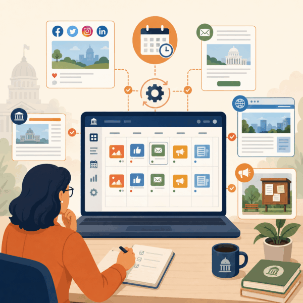 Government communications professional coordinating scheduled content across websites, email, social media, and community information channels.