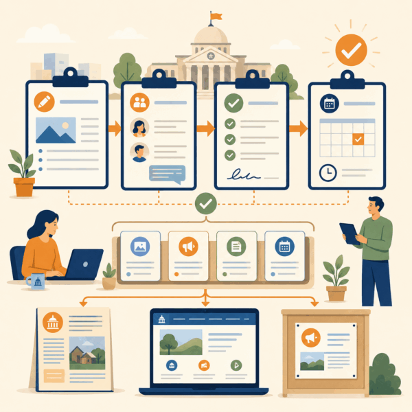 Government content workflow showing planning, review, approval, scheduling, and multi-channel publication of public information.