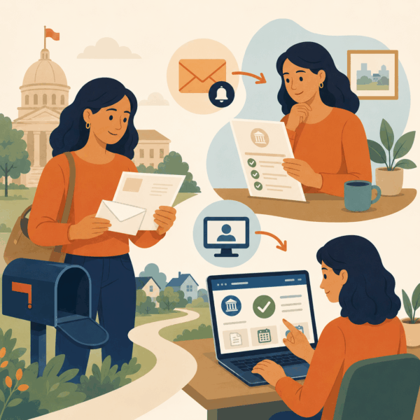 Resident moving through a coordinated public benefits renewal process by receiving a mailed notice, reviewing required information, and checking an online portal.