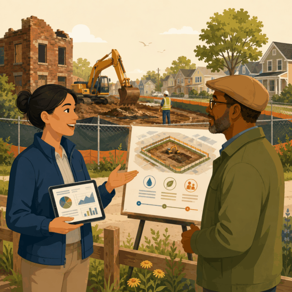 Environmental agency staff discussing a brownfield remediation project with a community member near an active cleanup site..