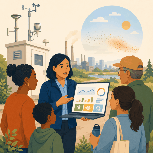 Environmental agency representative explaining air quality monitoring data and pollution conditions to residents near an industrial area.