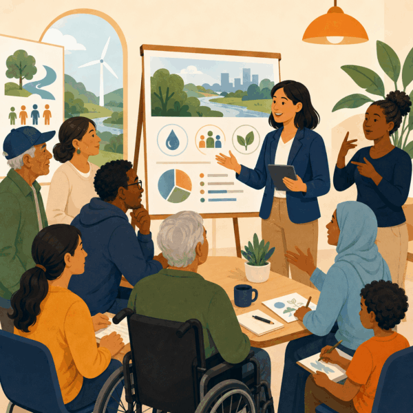 Environmental agency staff leading an inclusive community meeting about environmental conditions, public health, and local engagement.