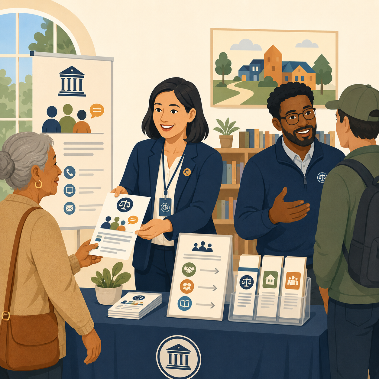 Consumer protection agency staff explaining available services, responsibilities, and limitations to a member of the public