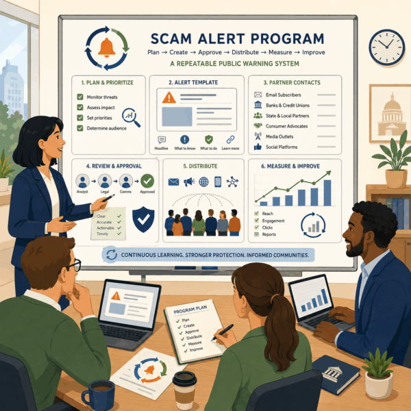 Consumer reviewing a financial regulator's scam prevention guidance and public alert information