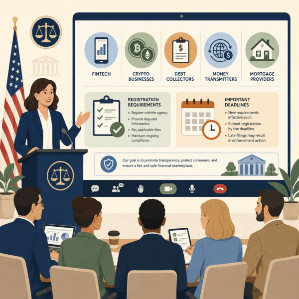 Businesses reviewing clear guidance about new licensing and registration requirements from a regulatory agency