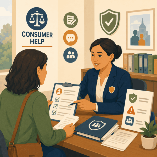 Insurance department representative explaining policy information and consumer protection options to a resident.