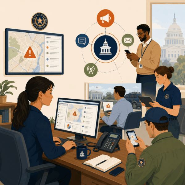 Government crisis communication team coordinating alerts, field updates, digital channels, and internal information during an emergency response.