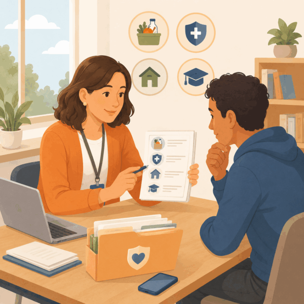 Community navigator helping a resident understand public benefits and available community resources during an in-person consultation