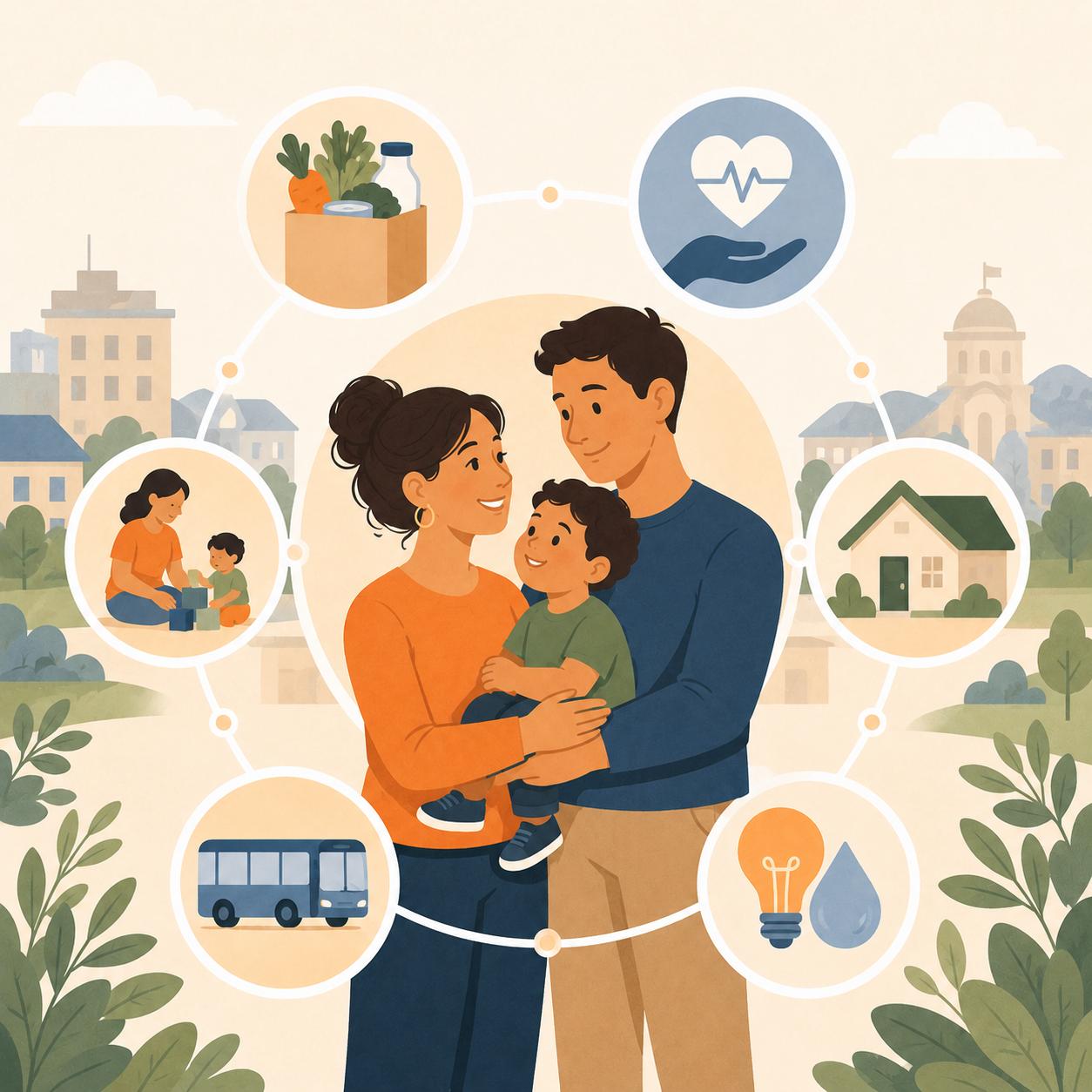 Family surrounded by connected community resources including food assistance, health care, housing, child care, transportation, and utility support.