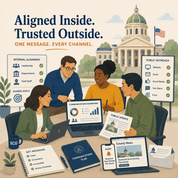 Government communication team aligning internal staff messaging with website updates, email, social media, text alerts, print materials, and other public outreach channels.