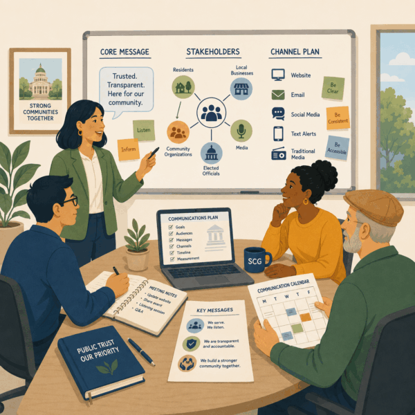 Government communication team developing core messages, mapping stakeholders, selecting communication channels, and organizing a coordinated public outreach plan.