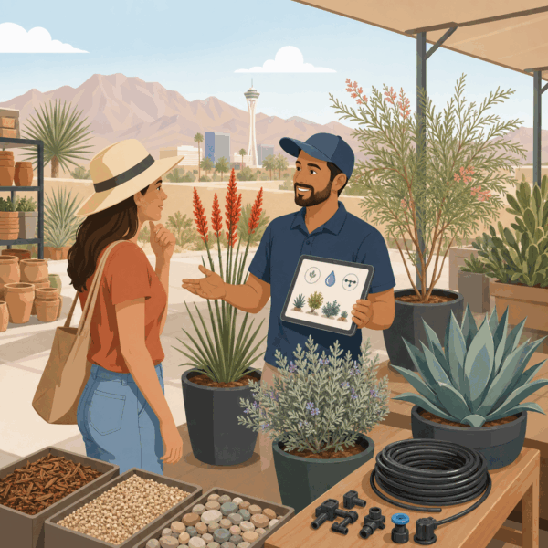Resident receiving guidance at a desert plant nursery while selecting low-water plants, gravel, mulch, and drip irrigation materials for a water-efficient landscape.