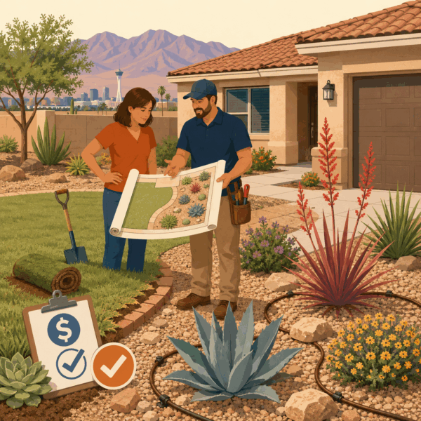 Homeowner and landscape professional reviewing a plan to replace grass with water-efficient desert landscaping using drought-tolerant plants, gravel, and drip irrigation.