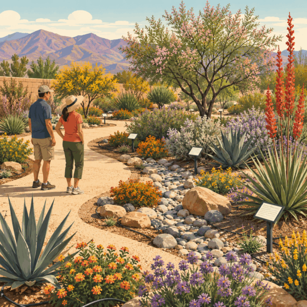 Residents exploring a colorful Southern Nevada demonstration garden with red yucca, desert willow, Texas sage, agave, flowering shrubs, rocks, and water-efficient landscaping.