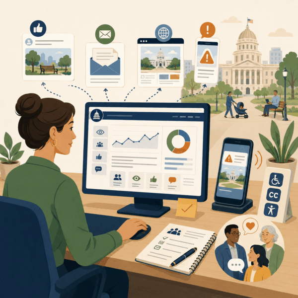 Government communications professional developing public content across websites, social media, newsletters, and community outreach channels.
