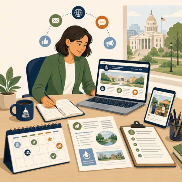 Government agency monitoring content performance and delivering coordinated updates through web, email, social media, mobile alerts, and accessible communication channels.