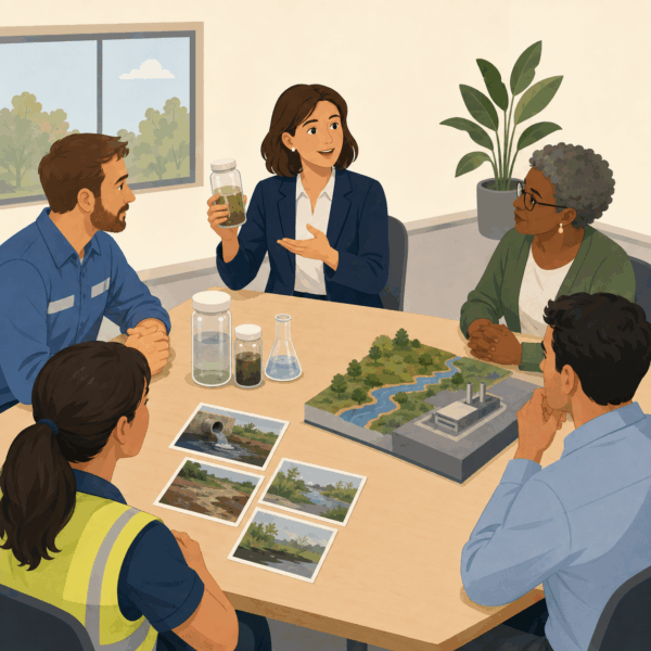 Environmental compliance officials explaining a regulatory decision to stakeholders