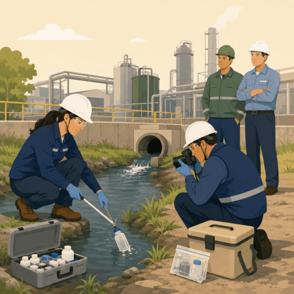 Inspectors documenting an industrial violation with samples, photographs, and field evidence.
