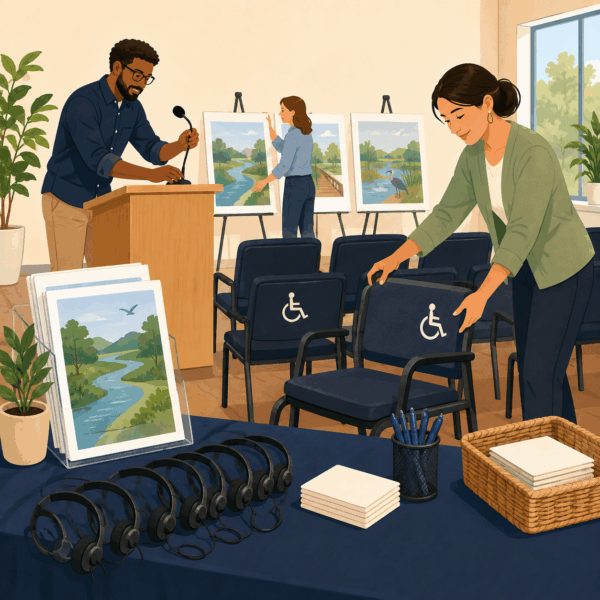 Agency staff preparing accessible seating, interpretation headsets, comment materials, and project displays.