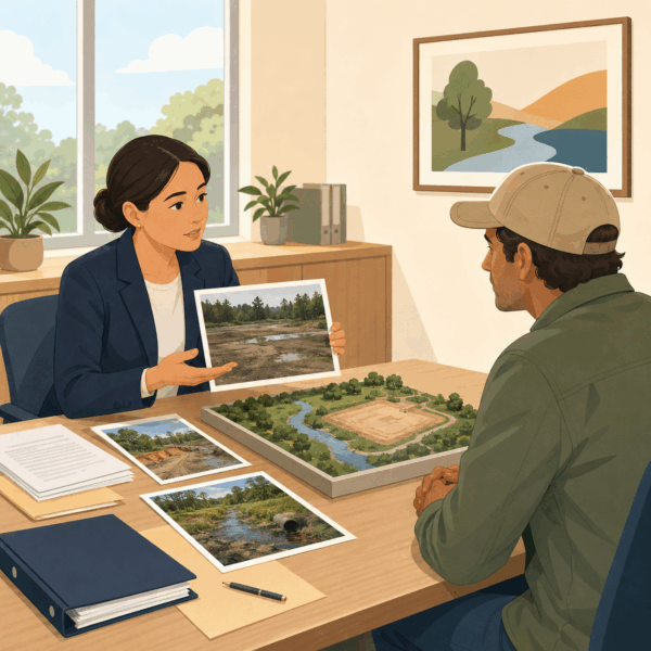 Environmental agency staff providing clear regulatory guidance to the public