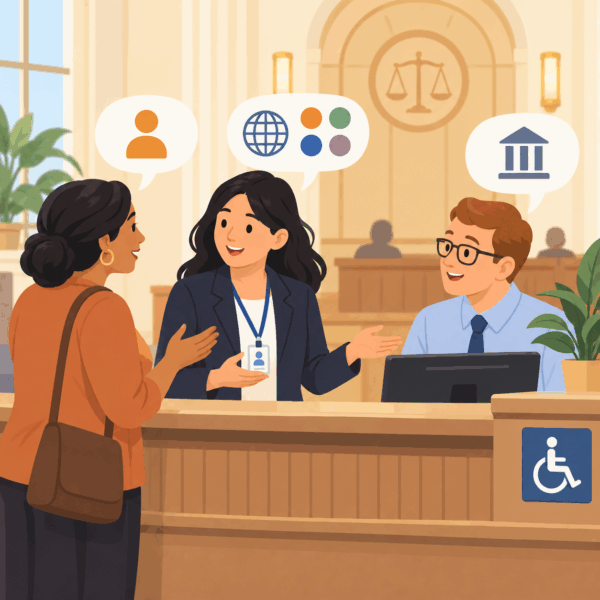 Court staff explaining traffic court procedures and requirements to a court user