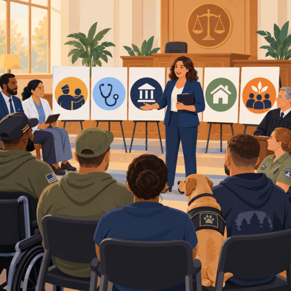 Court representatives providing neutral educational information about judicial processes to the public