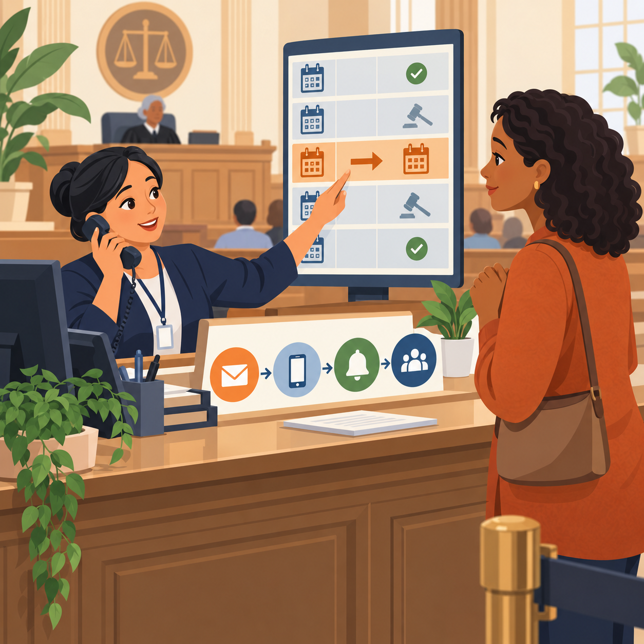 Court staff providing multilingual information and assistance to litigants