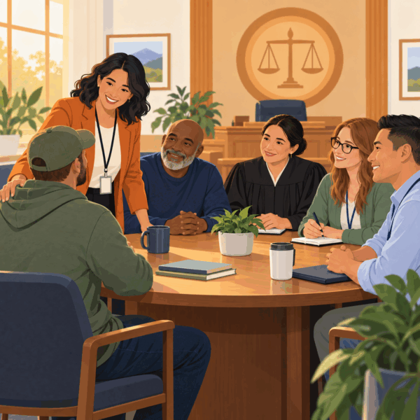 Community members participating in a discussion about court services and access to justice