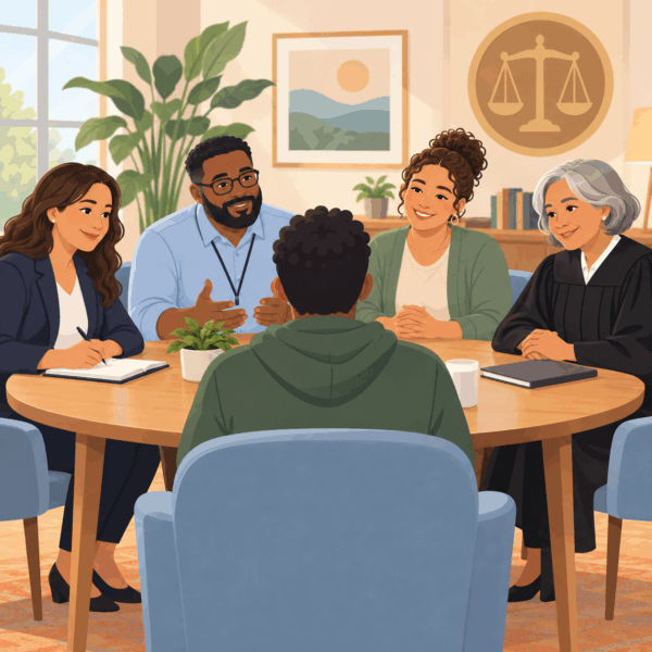 Court staff explaining case status updates and court procedures to a victim or witness
