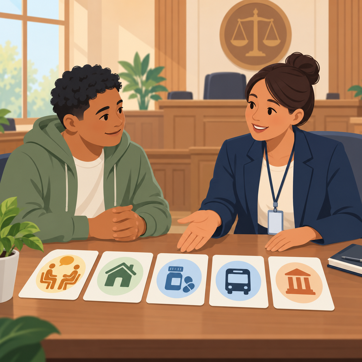 Court officials explaining judicial procedures and standards of fairness to the public