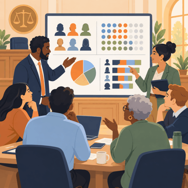 Court staff explaining case processing delays and scheduling updates to litigants