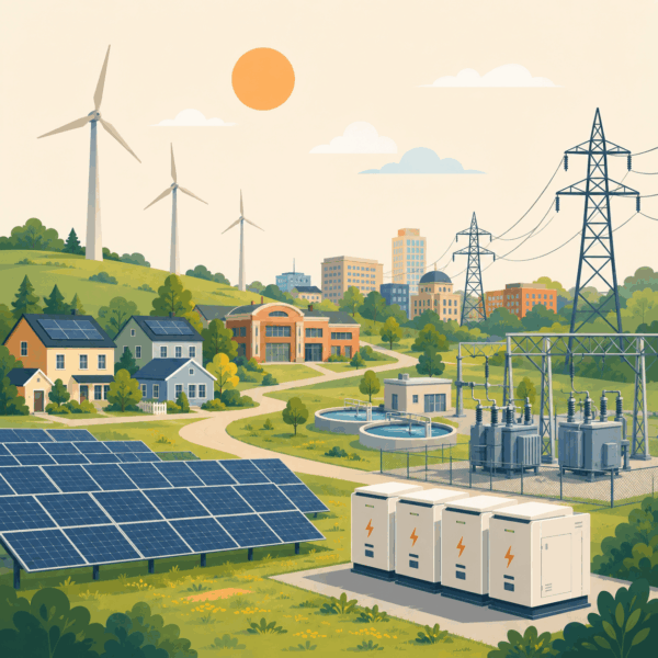 Solar panels, wind turbines, battery storage, and utility infrastructure supporting a clean energy transition.