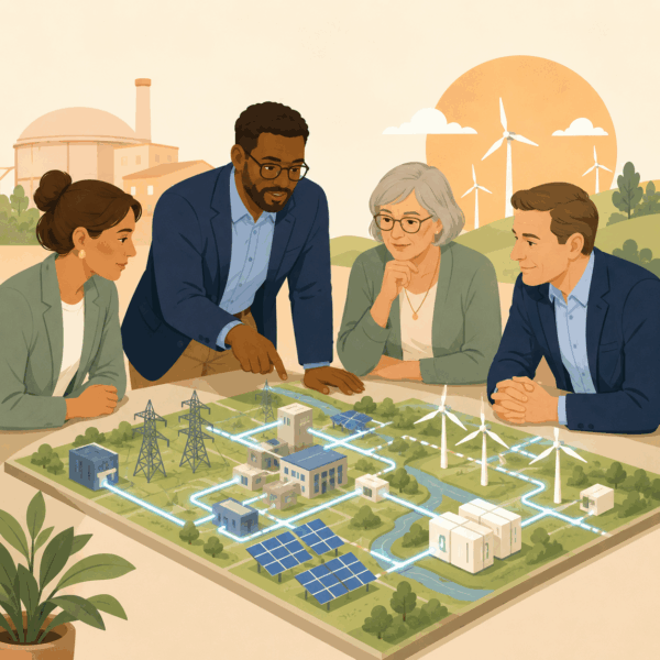 Public power authority representative discussing clean energy programs with residents and elected officials.