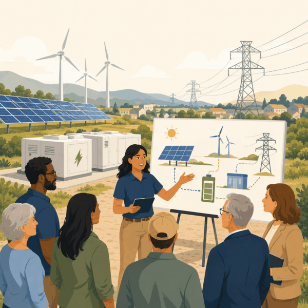 Ratepayers and public officials reviewing a community clean energy infrastructure model