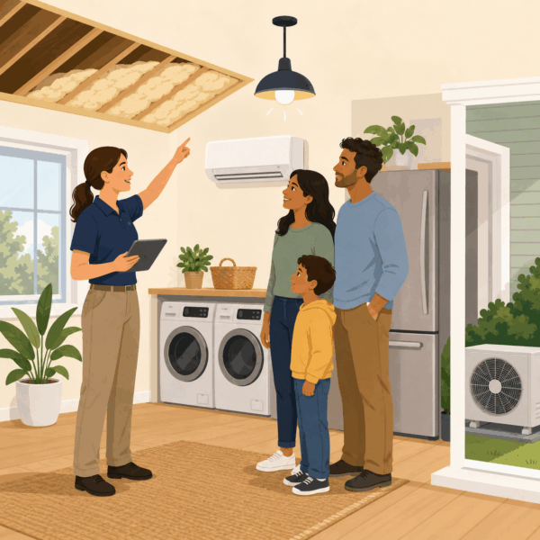 Municipal utility educator explaining energy-efficient home improvements to diverse residents.
