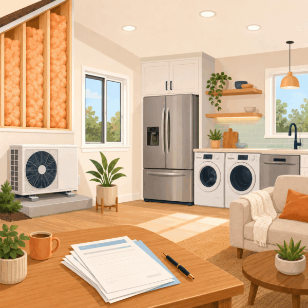 Energy-efficient appliances, insulation, lighting, and a utility rebate application represented without text.
