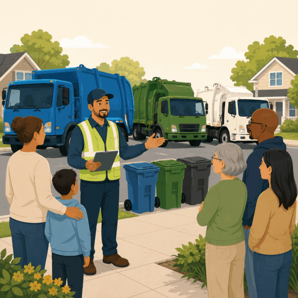 Collection supervisor explaining garbage, recycling, and organics service changes to residents..