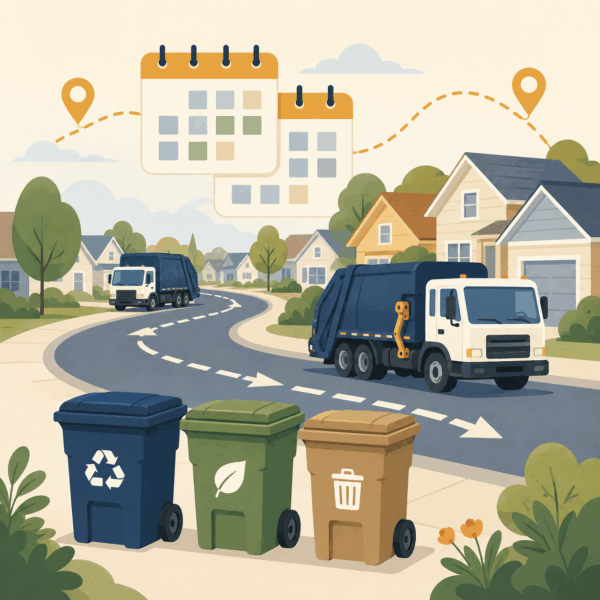 Collection trucks following an updated neighborhood route beside garbage, recycling, and organics carts.