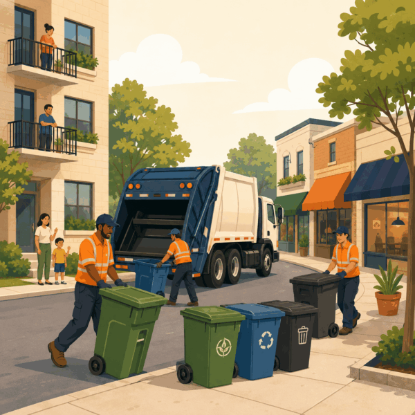 Waste collection crews coordinating updated service for apartments and nearby businesses.